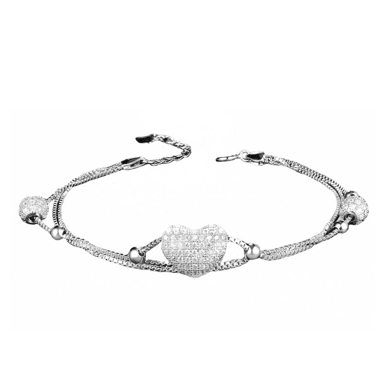 silver 925 jewelry Bracelets Heart Design Multi-layer Bracelets With Bling Zircon Box Chains Bracelets&Bangles Sweet Girl