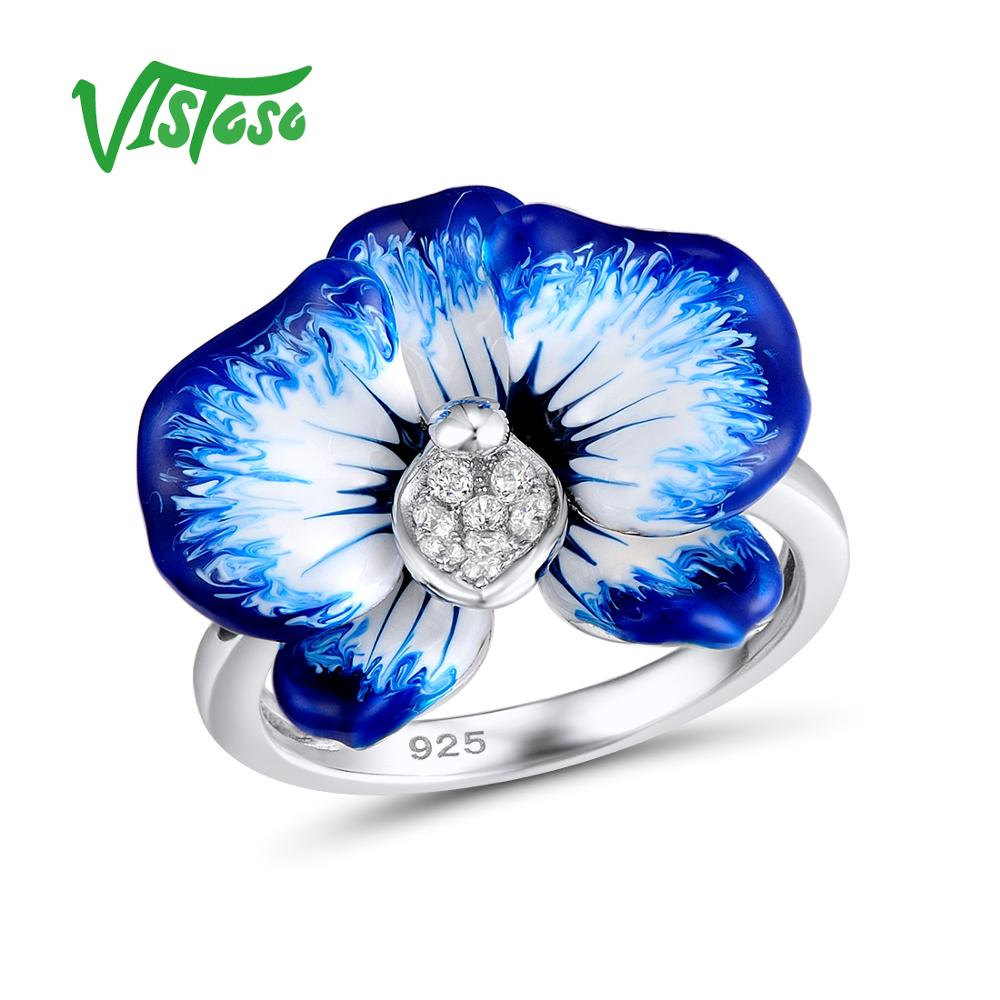 Blue Flower Ring For Woman 925 Sterling Silver Ring Blooming Flower Luminous Cubic Zirconia Fine Jewelry Handmade Enamel