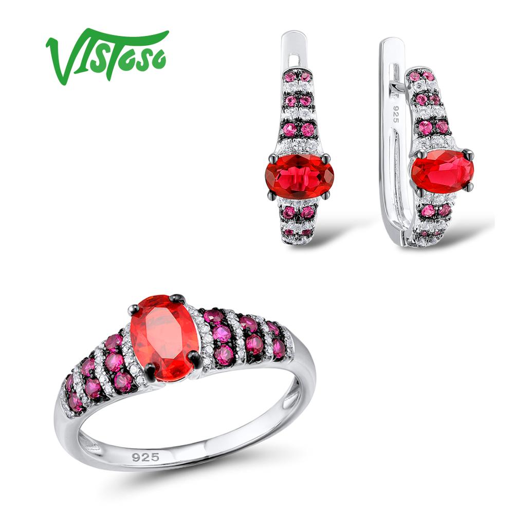 Jewelry Sets For Woman Created Ruby Red Crystal Stones Jewelry Set Earrings Ring 925 Sterling Silver Fine Jewelry