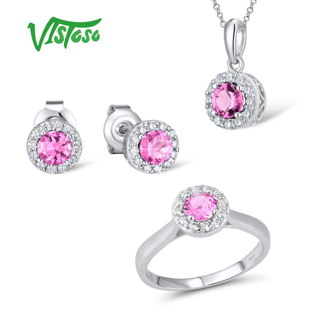 Jewelry Sets For Woman Pink Crystal Stones Jewelry Set Earrings Pendant Ring 925 Sterling Silver Fashion Fine Jewelry