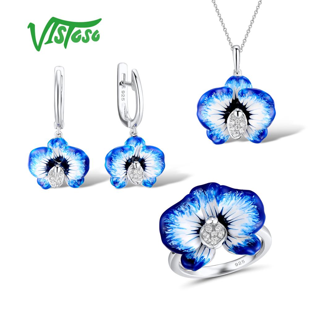 Jewelry Sets For Woman White Cubic Zirconia Blue Flower Earrings Pendant Ring 925 Sterling Silver Fine Jewelry Enamel