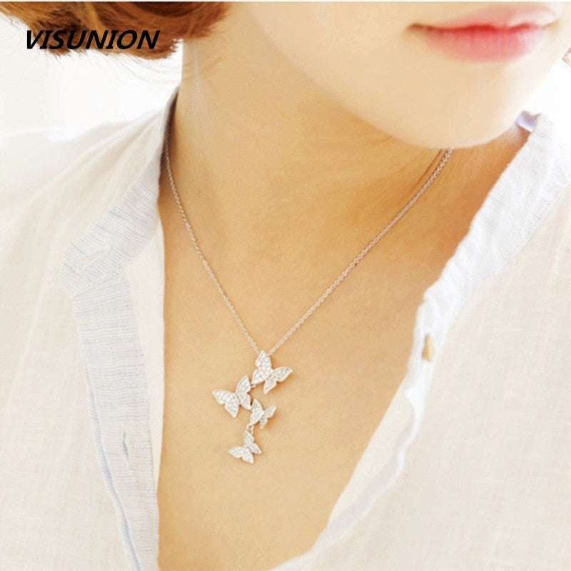 Real 925 Sterling Silver Long Zircon Butterfly Necklaces Pendants for women Fashion Jewelry Gifs
