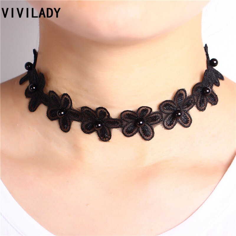 VIVILADY Cute Handmade Black White Lace Flower Chokers Necklace for Women Imitation Pearl Jewelry Bijoux Party Gifts