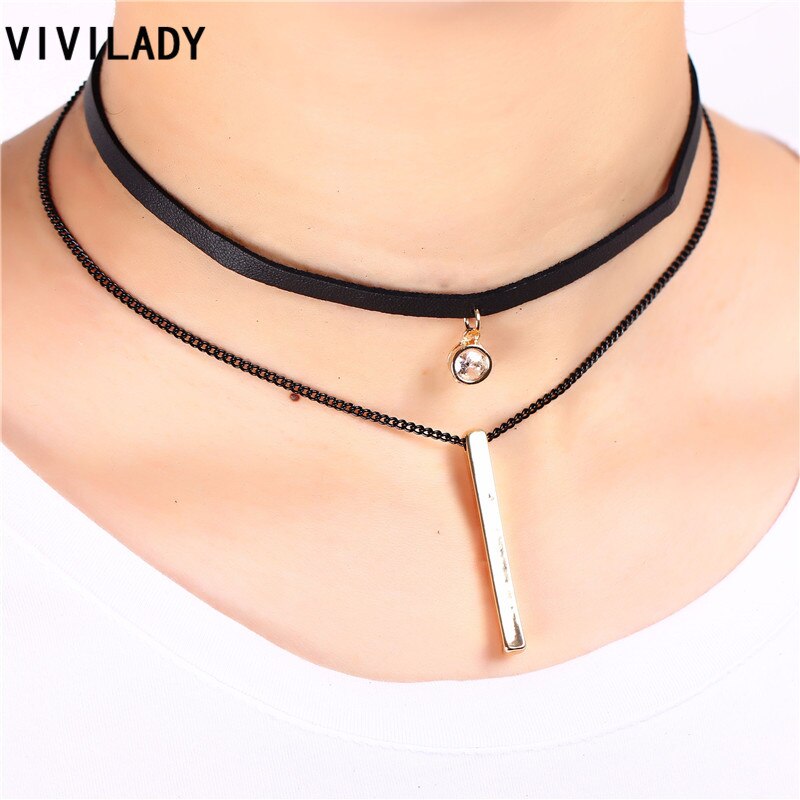 VIVILADY Alloy Two-layers Black Rope Crystal Geometric Cuboid Necklace for Women Girl Jewelry Gifts Bijoux Accessory