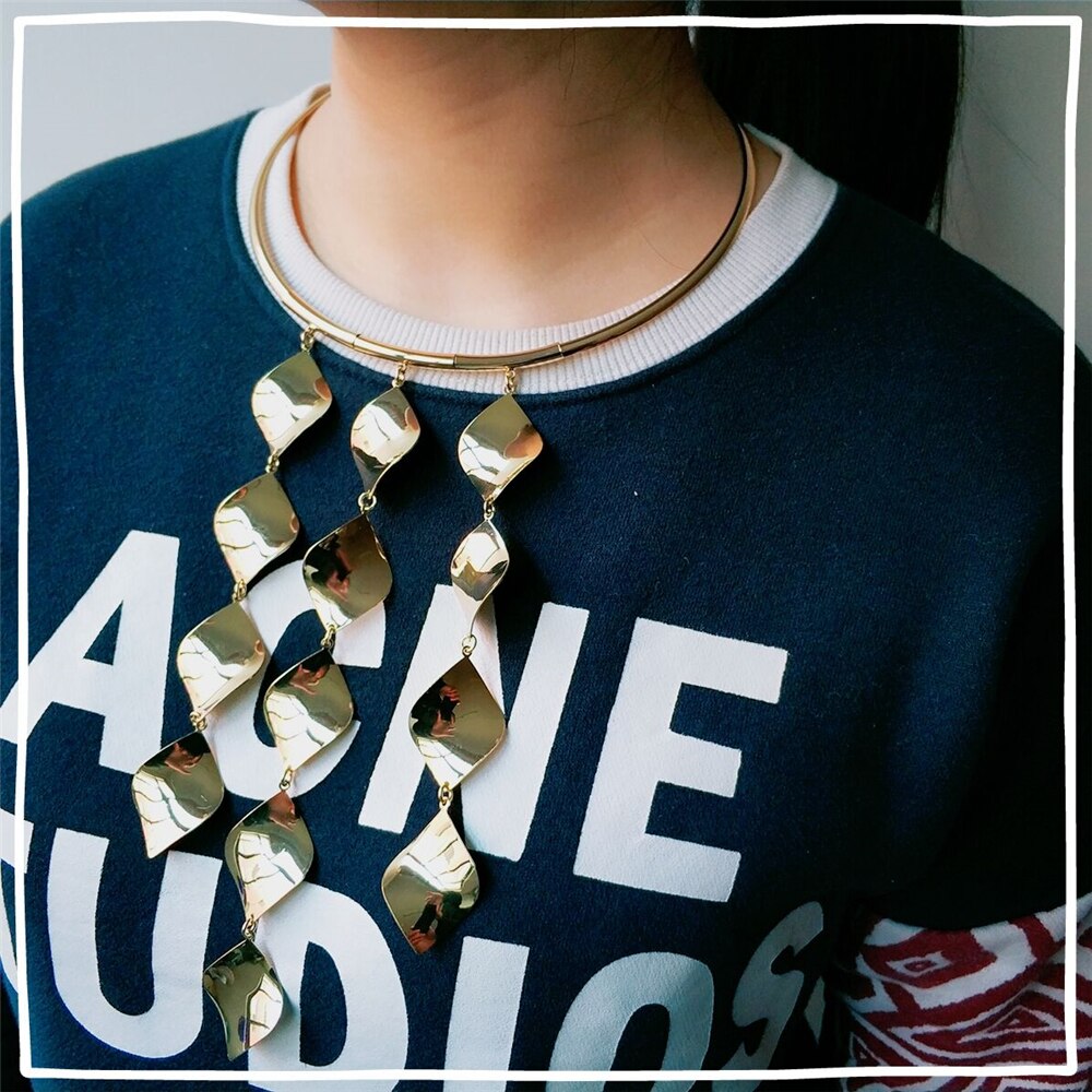 VIVILADY Hyperbole Geometric Statement Choker Necklace Women Gold Color Metal Chunky Tassel African Bridal Jewelry Party Gift