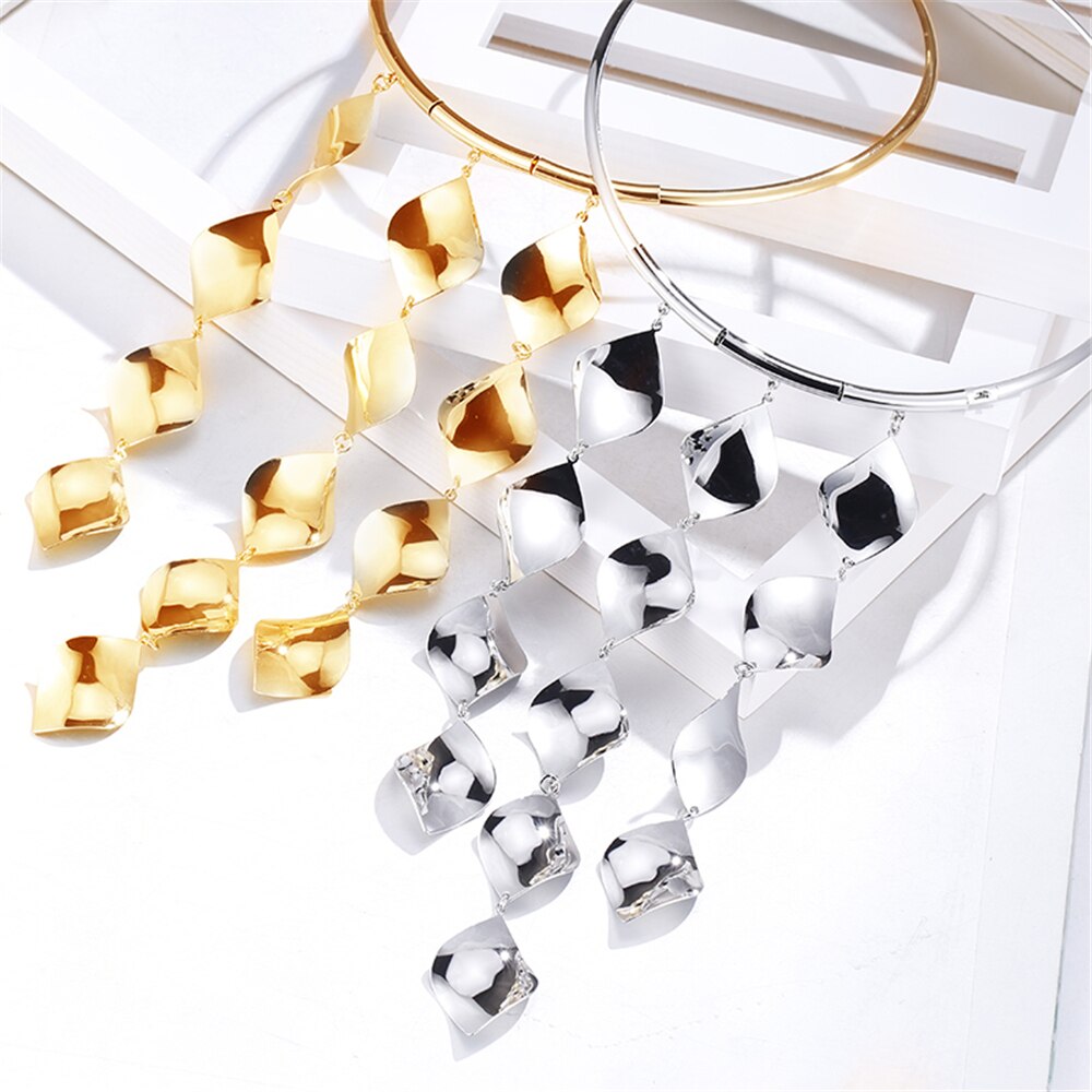 VIVILADY Hyperbole Geometric Statement Choker Necklace Women Gold Color Metal Chunky Tassel African Bridal Jewelry Party Gift