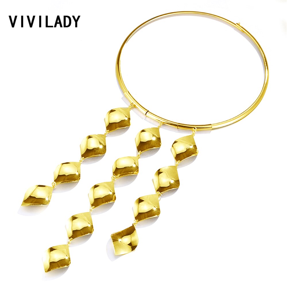 VIVILADY Hyperbole Geometric Statement Choker Necklace Women Gold Color Metal Chunky Tassel African Bridal Jewelry Party Gift