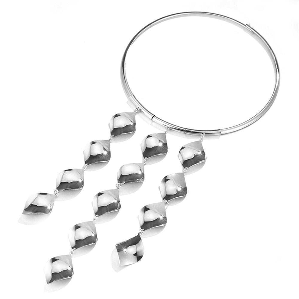 VIVILADY Hyperbole Geometric Statement Choker Necklace Women Gold Color Metal Chunky Tassel African Bridal Jewelry Party Gift