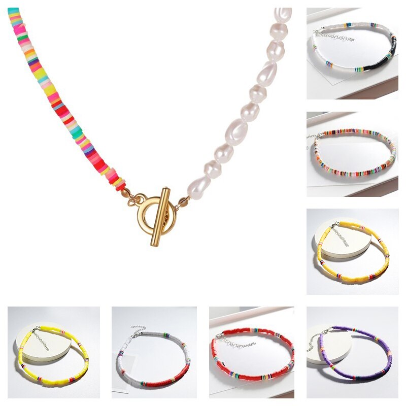 VIVILADY Minority Simple Style Soft Ceramic Material Splicing Imitation Pearl Female Necklace Beach Vocation Jewellry