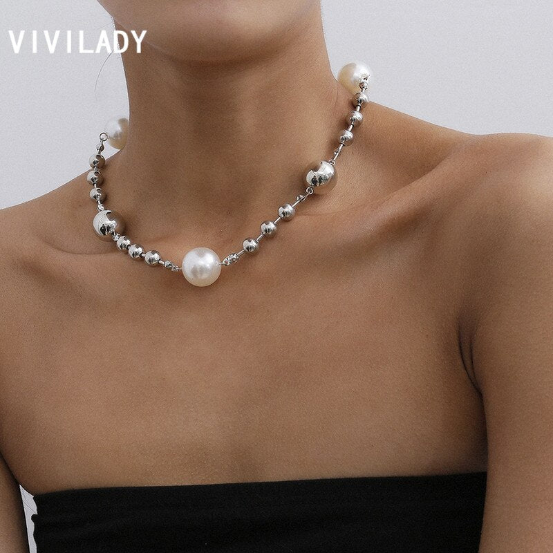 VIVILADY Trendy OL Alloy Round Bead Imitation Pearl Women Choker Necklaces For Female Birthday Party Jewelry Bijoux