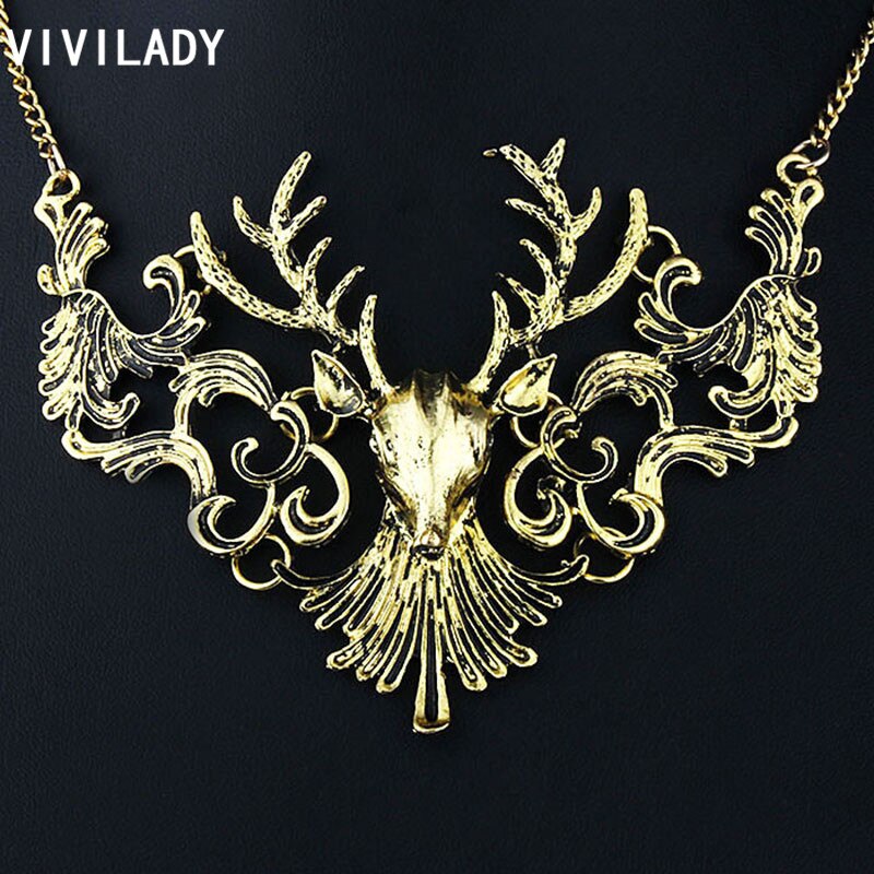 VIVILADY Vintage Gold Color Metal Deer Pendants Necklaces Women Mother Day Chain Jewelry Bijoux Accessory Party Gifts