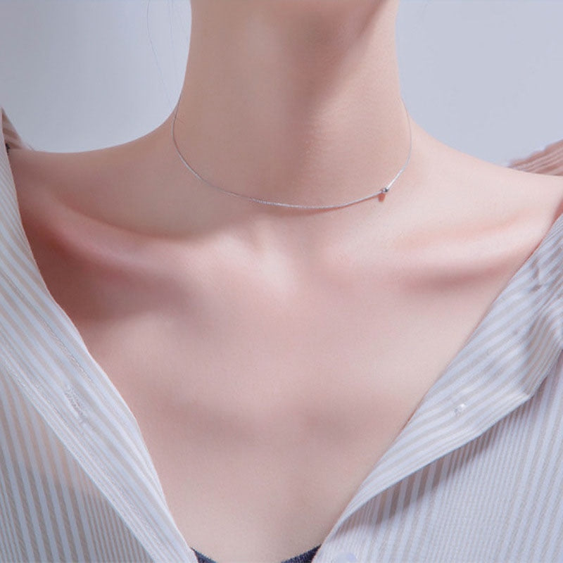VJGYHO 925 Sterling Silver French Glossy Round Bead Clavicle Chain For Women Simplicity Choker Necklace Cadenas Mujer Jewelry