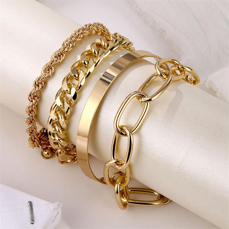 VKME 4pcs Punk Curb Cuban Chain Bracelets Set for Women Miami Boho Thick Gold Color Charm Bracelets Bangles  Jewelry