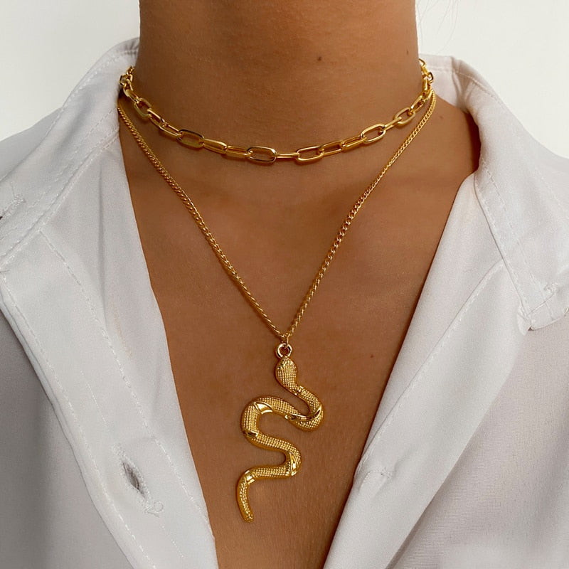VKME Punk Gold Layered Chain Snake Pendant Choker Necklace For Women  Statement Chunky Chains Collar Necklaces Jewelry