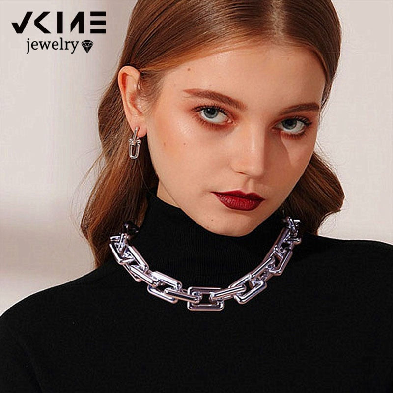 VKME Punk Large Chunky Chain Necklace Collar for Women Men Vintage Thick Gig Chain Choker U Shape Lock Necklaces Party Jewelry
