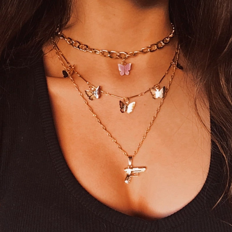 VKME Vintage Multilayer Butterfly Chain Necklace For Women Gun Pendant Choker Necklaces Statement Bohemian 2021 Jewelry