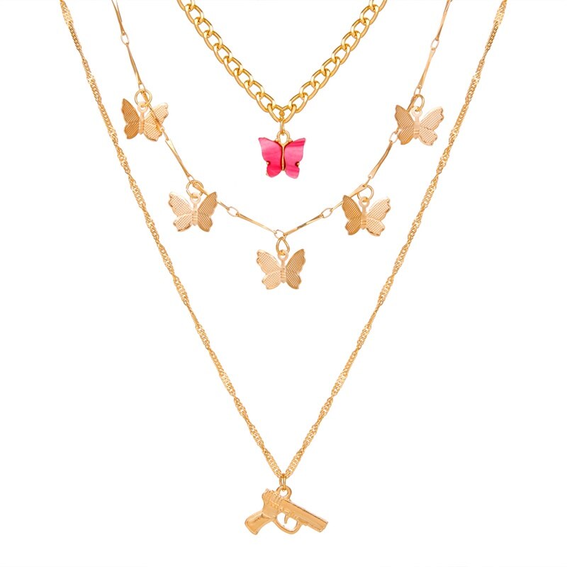 VKME Vintage Multilayer Butterfly Chain Necklace For Women Gun Pendant Choker Necklaces Statement Bohemian 2021 Jewelry