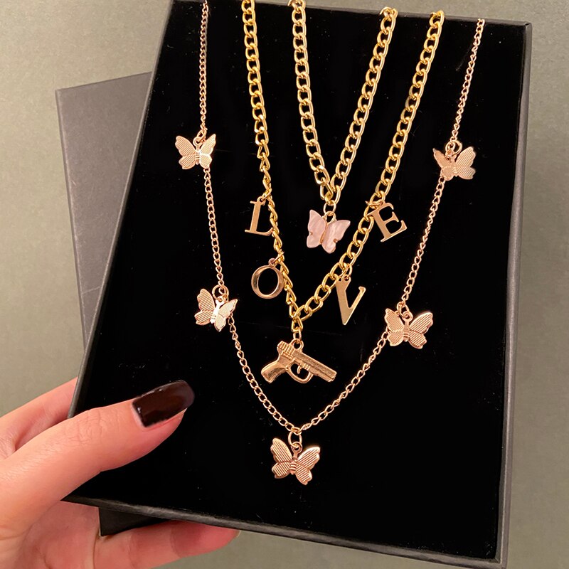 VKME Vintage Multilayer Butterfly Chain Necklace For Women Gun Pendant Choker Necklaces Statement Bohemian 2021 Jewelry