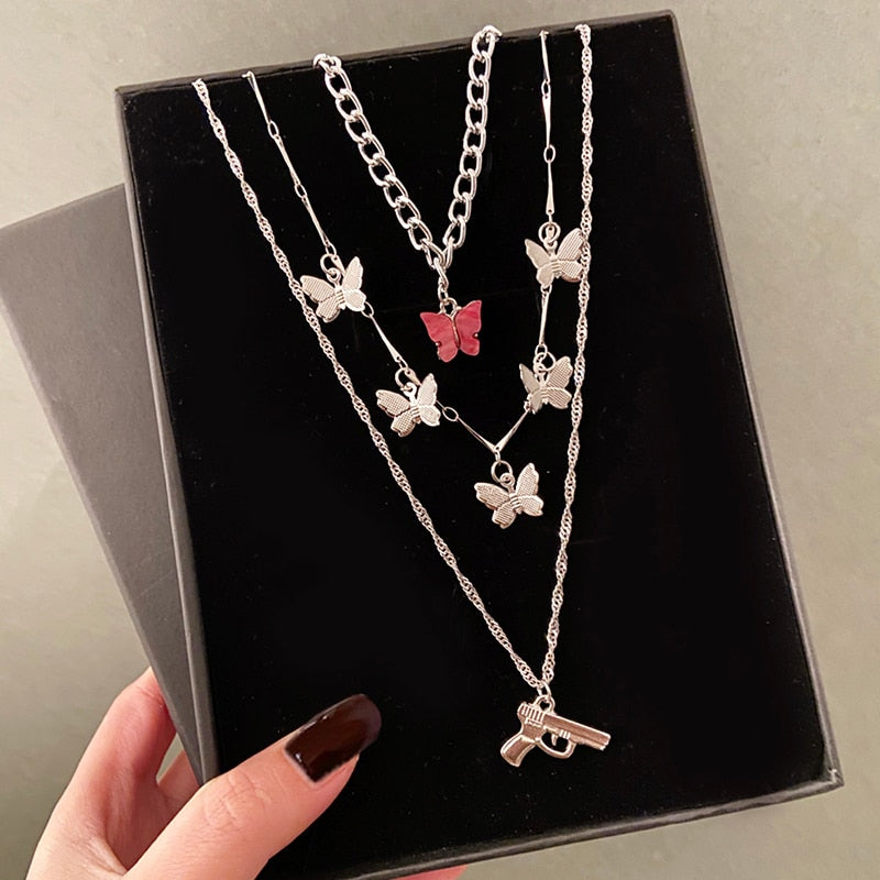 VKME Vintage Multilayer Butterfly Chain Necklace For Women Gun Pendant Choker Necklaces Statement Bohemian 2021 Jewelry