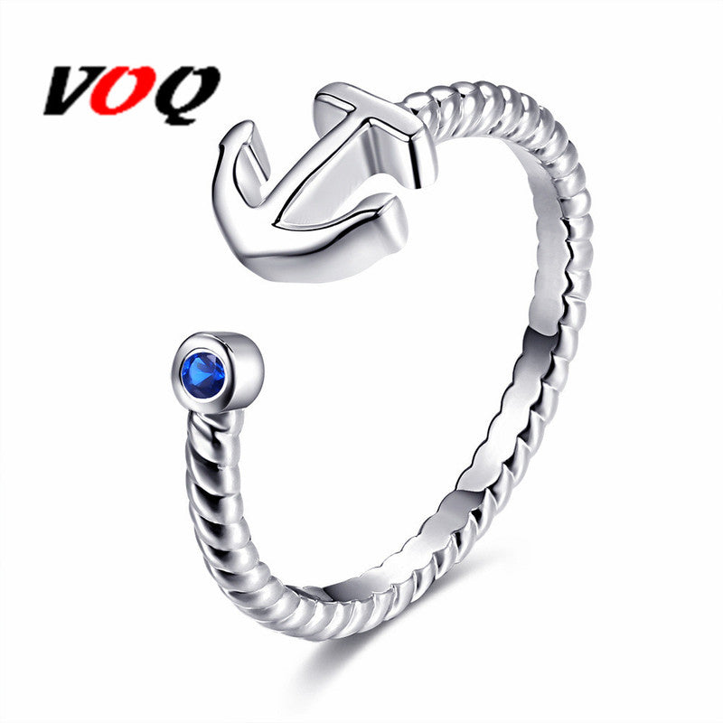 2020 New Fashion Silver Color Open Finger Anchor Ring with Blue Stone for Women Adjustable Ring Jewelry Party Gift