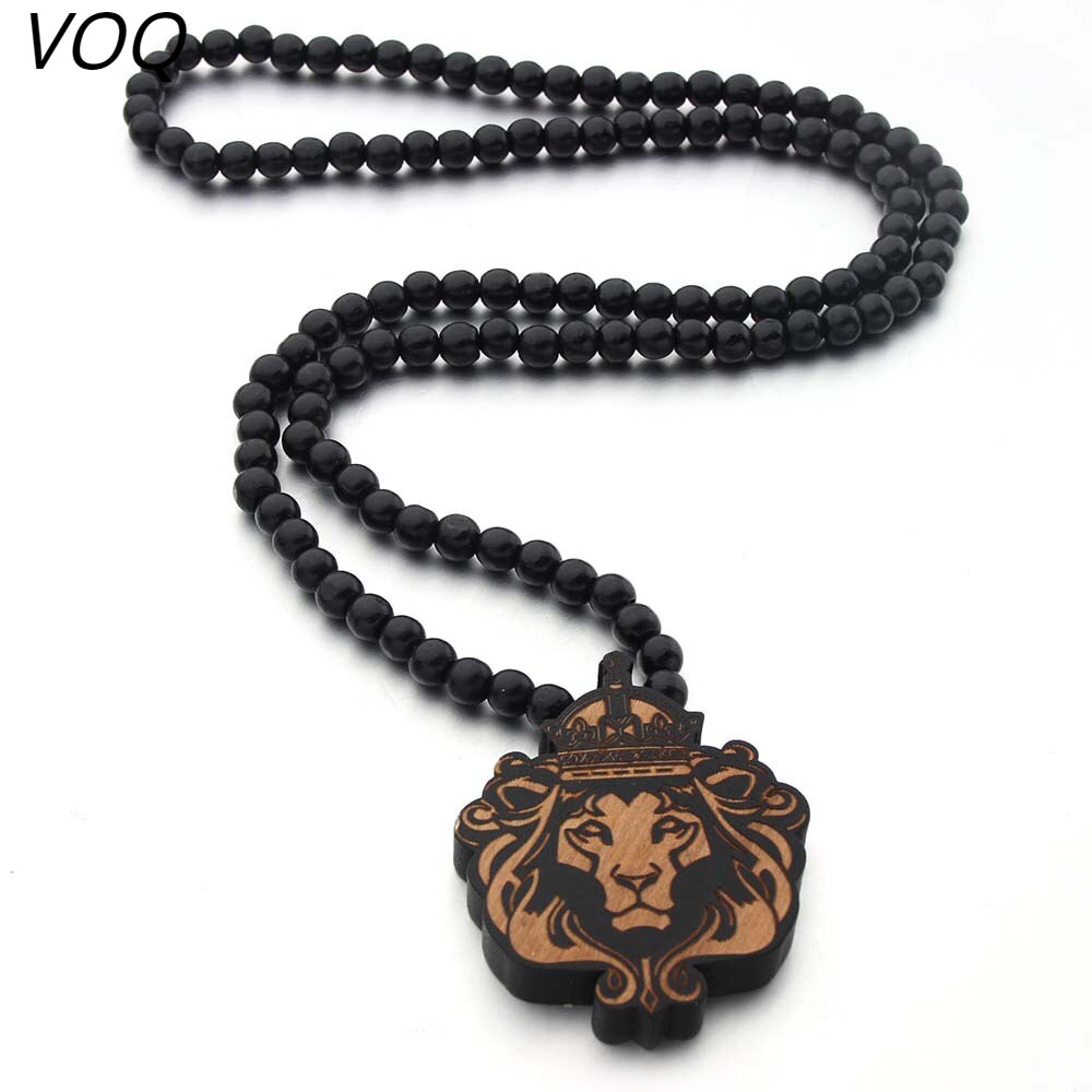 VOQ Hiphop Rock The Lion King Pendant Long Necklace for Men Wood Beads Sweater Chains Original Jewerly Party Gifts