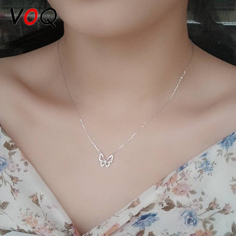 VOQ Micro Inlay Zircon Butterfly Necklaces for Women Dainty Pendant Clavicle Chain Ins Jewelry Bridesmaids Gifts