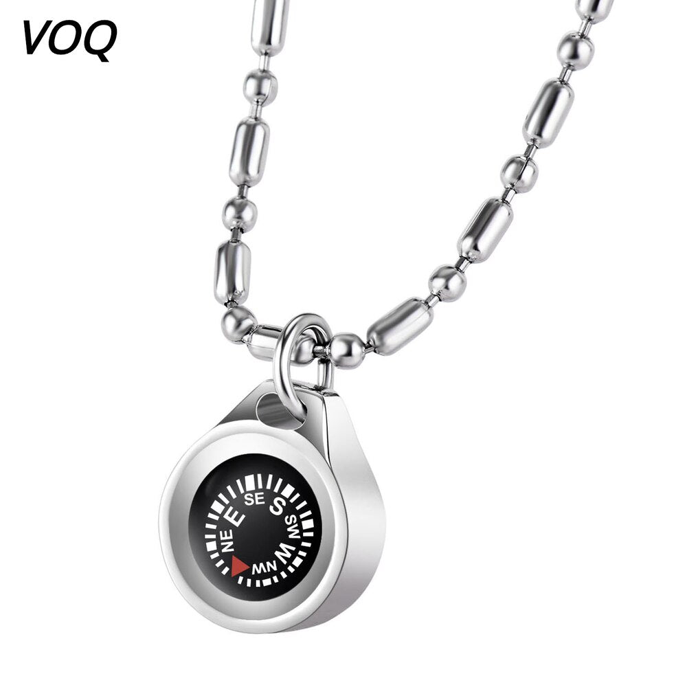 VOQ Outdoor Survival Rescue Compass Pendant Stainless Steel Bead Chains Long Necklace for Men and Women Adventure Travel Jewelry