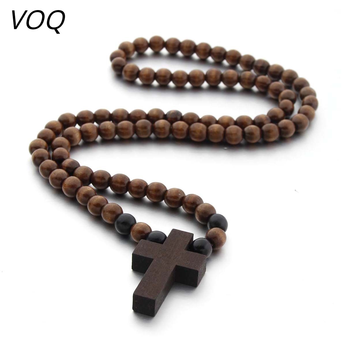 VOQ Vintage Cross Pendant Wood Beads Sweater Chains Necklace for Unisex Women Men Wedding Jesus Jewerly Party Gifts