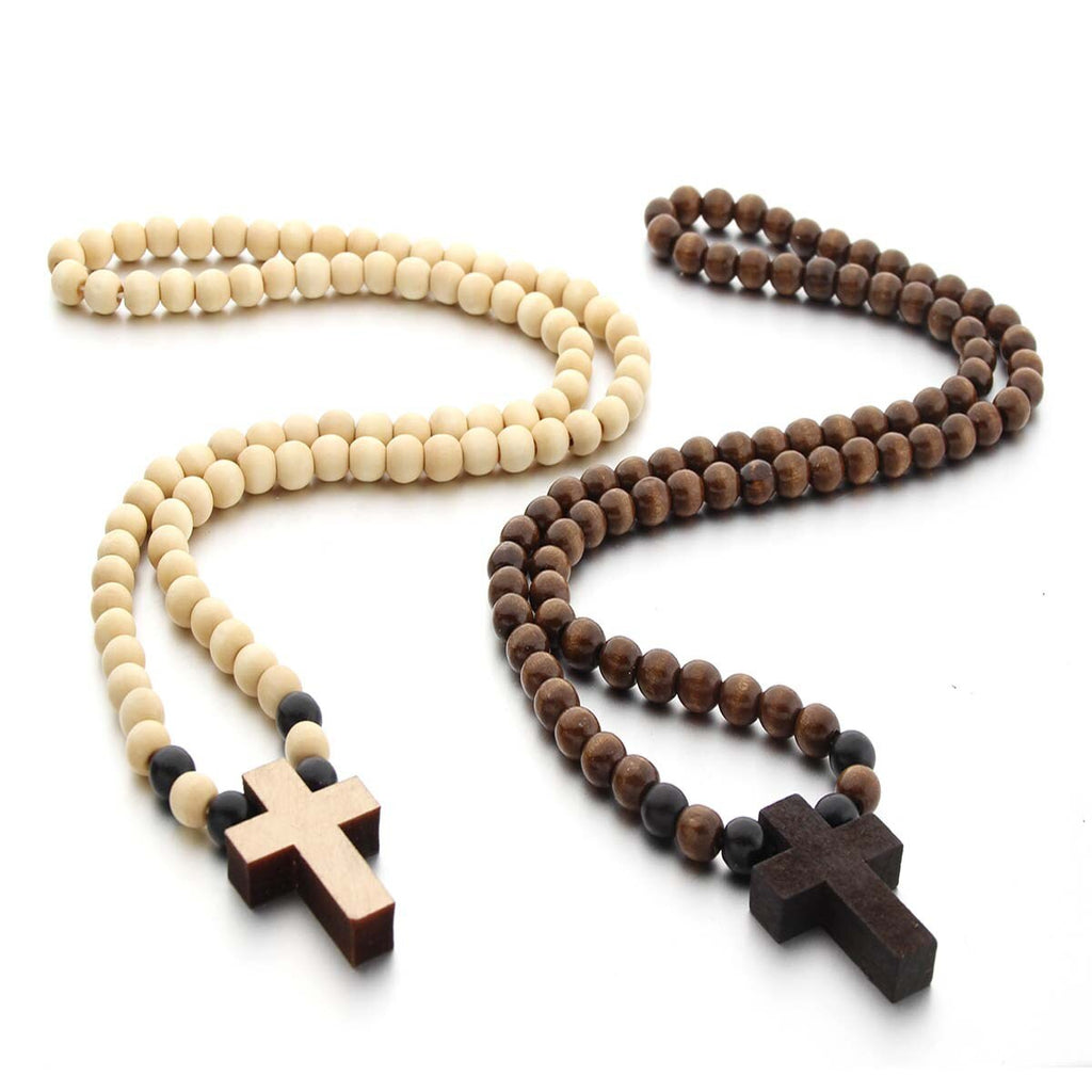 VOQ Vintage Cross Pendant Wood Beads Sweater Chains Necklace for Unisex Women Men Wedding Jesus Jewerly Party Gifts