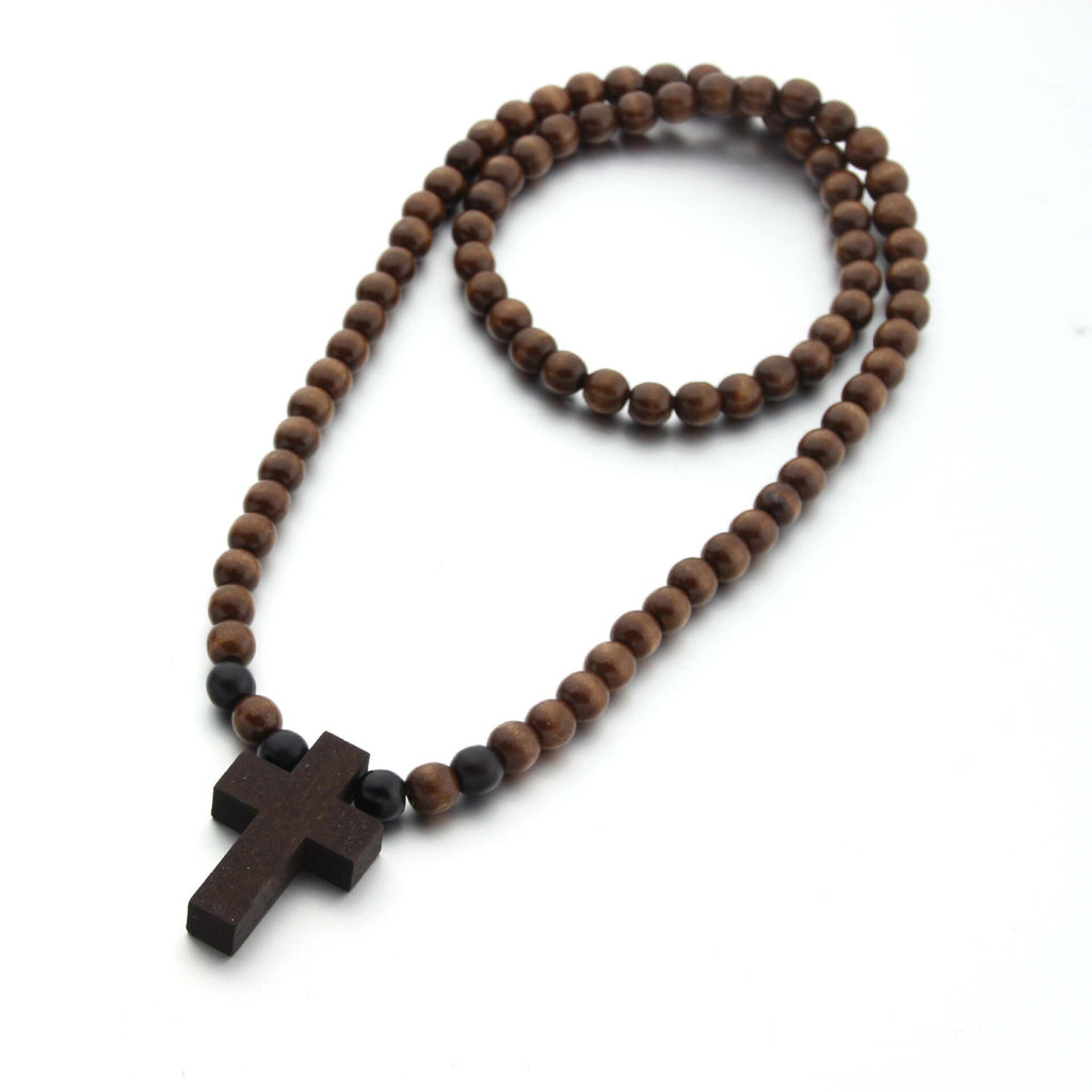 VOQ Vintage Cross Pendant Wood Beads Sweater Chains Necklace for Unisex Women Men Wedding Jesus Jewerly Party Gifts