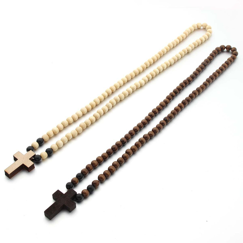 VOQ Vintage Cross Pendant Wood Beads Sweater Chains Necklace for Unisex Women Men Wedding Jesus Jewerly Party Gifts