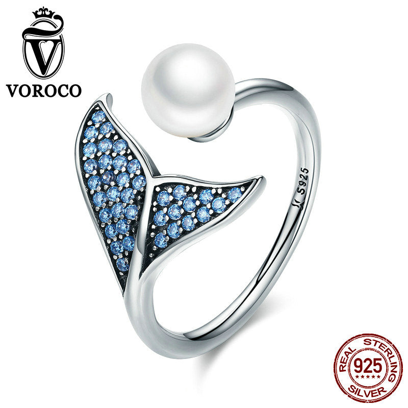 100% 925 Sterling Silver Rings Romantic Mermaid Tail Pearl Ring For Woman Female Blue CZ Stone Adjustable anillos BKR286