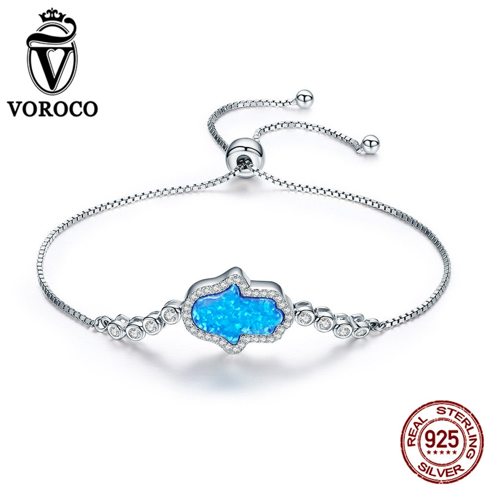 2020 Pure Sterling Silver Blue Opal Ethnic Fatima Hand Adjustable Bracelet For Women Party Gift Fine Jewelry VSB002