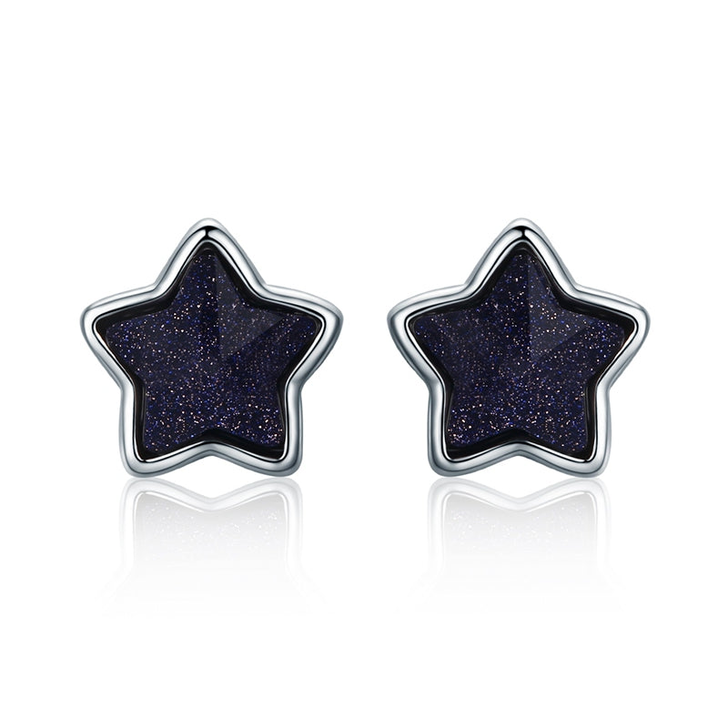 2020 pure 925 Sterling Silver Star Sky Aventurine Blue Goldstone Energy Lucky Stud Earrings For Women Fine Jewelry VSE057
