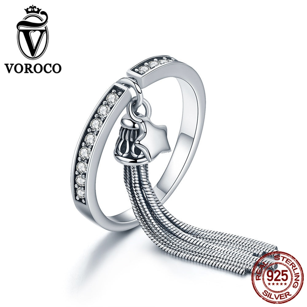 2020 Fashion 925 Sterling Silver Jewelry Fringed Tassel Rings for Women Round Circle Ring Hanging Drop Anillos VSR132