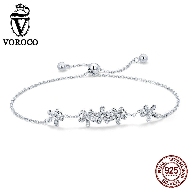 Authentic 100% 925 Sterling Silver Daisy Floral Glitter Bracelets 3A Cubic Zirconia Link Chain Party Fine Jewelry BKB084