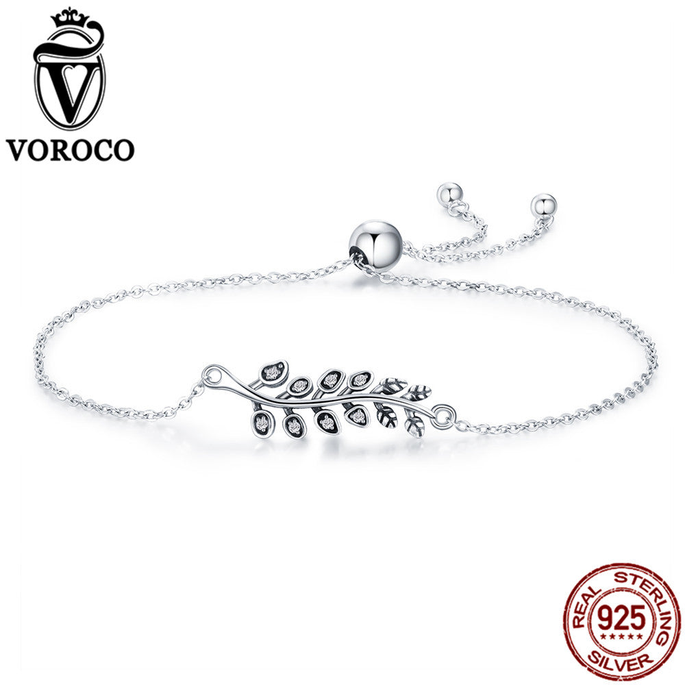 Authentic 925 Sterling Silver Dancing Leaves Clear Zircon Adjustable Chain Bracelet for Wemen Fine Jewelry VSB008