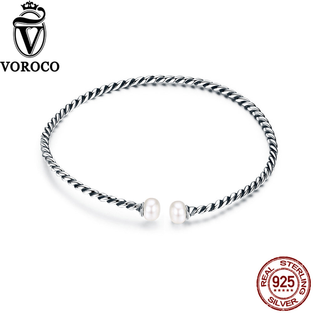 Authentic 925 Sterling Silver Pearl Twisting Vintage Cuff Bangle Bracelets for Women Wedding Fine Jewelry