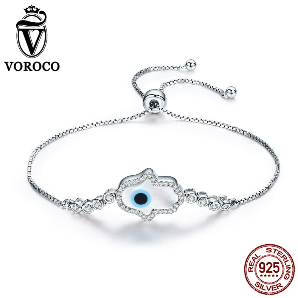 Authentic 925 Sterling Silver White Opel Fatima Hand Guardian Adjustable Bracelet For Women Wedding Fine Jewelry VSB001