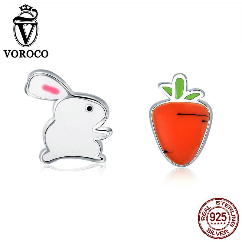 Cute Rabbit Carrot Stud Earrings Woman Girl Real 925 Sterling Silver Enamel Earring Trendy Brincos Fine Jewelry VSE154