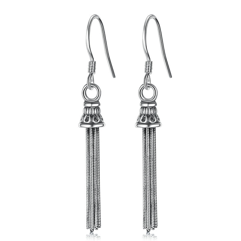Delicate Tassel Fringe 925 Sterling Silver Fine Jewelry Retro Style Drop Earrings for Women