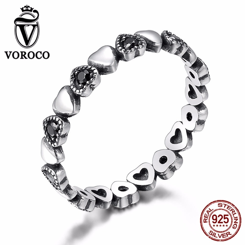 Genuine 925 Sterling Silver Ring Heart Shape Black CZ Wedding Finger Rings For Women Anniversary Jewelry Gift BKR140