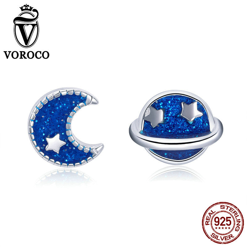 Glitter Blue Moon & Star Galaxy Stud Earrings Party Cute Gift Pure 925 Sterling Silver Fine Jewelry For Women Girl VSE151