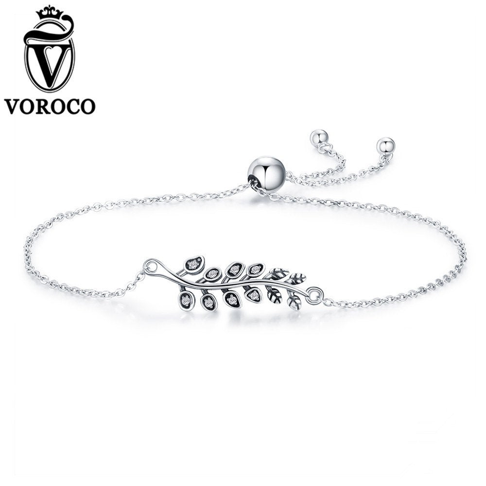 New Authentic 925 Sterling Silver Dancing Leaves Clear Zircon Adjustable Chain Bracelet for Wemen Fine Jewelry B008