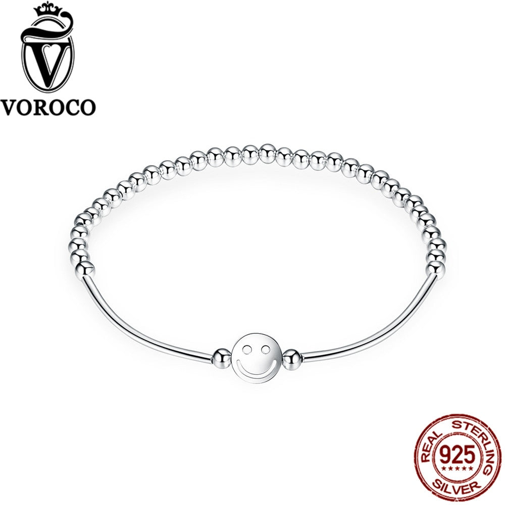 Pure 100% 925 Sterling Silver Minimalist Smile Face Elastic Rope Beads Bracelets for Women Fine Jewelry VSB005