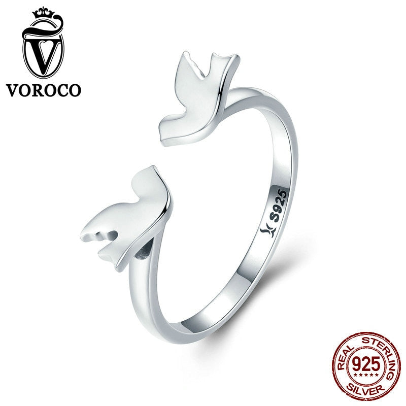 Real 925 Sterling Silver Rings Cute Animal Ring Flying Pigeons Women Finger Adjustable Rings Wedding Fine Jewelry BKR245