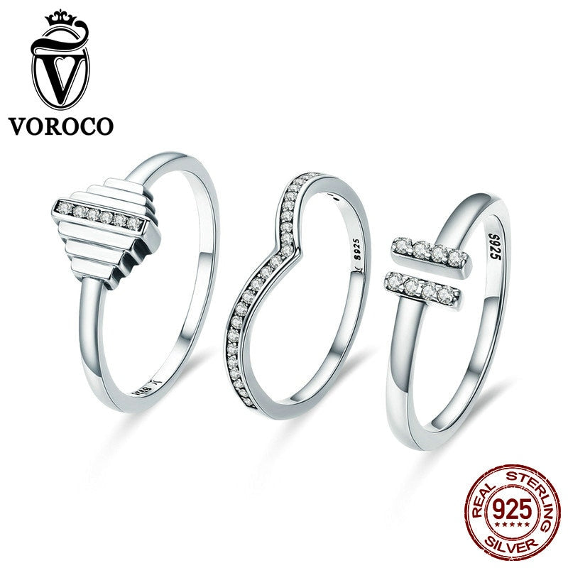 Real 925 Sterling Silver Rings Geometric Glitter Jewelry CZ Ring Sets For Women Female Anniversary Party anillos BKR305