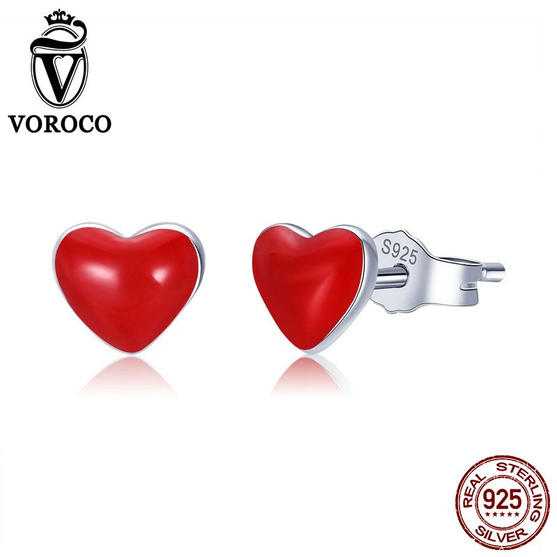 Trendy Tiny Red Heart Enamel Earring Girl Jewelry Gift Real 925 Sterling Silver Stud Earrings Female Fine Jewelry VSE147