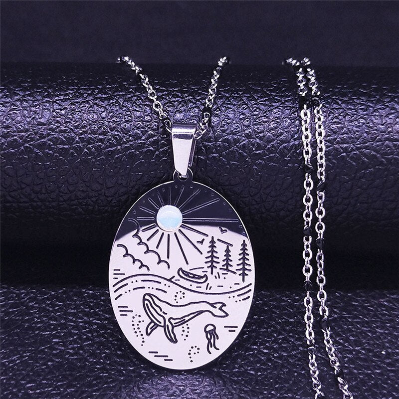 Vacation Sun Whale Beach Moonstone Stainless Steel Necklaces Silver Color Charm Necklace Jewelry collier femme NXS04