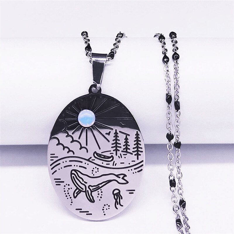 Vacation Sun Whale Beach Moonstone Stainless Steel Necklaces Silver Color Charm Necklace Jewelry collier femme NXS04